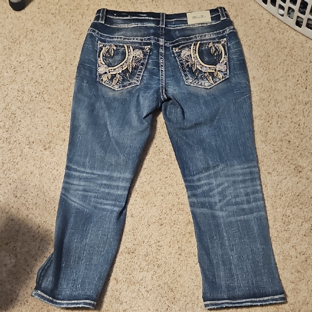 Like New Miss Me Blue Boot Cut Jeans with Embellished Pockets